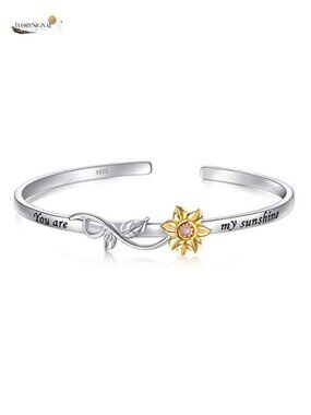 S925 Sterling Silver Sunflower Bangle Adjustable Open Cuff Bracelet Gift